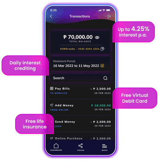 uno digital bank cellphone app unoready dashboard 2